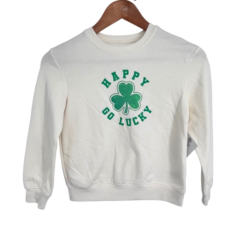 Happy Go Lucky Glitter Shamrock Sweatshirt Girls Size 8 Ivory Festive Holiday‎